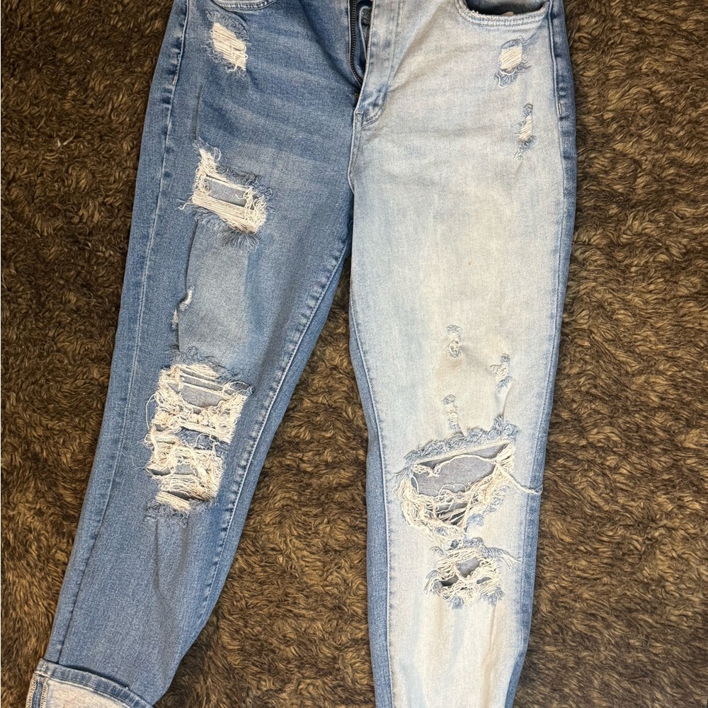 Flying Monkey High Rise Distressed Jeans - Light and Dark Blue